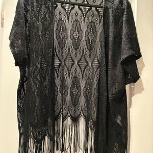 Maurices Black Lace Kimono with Fringe 0/1  1x plus size